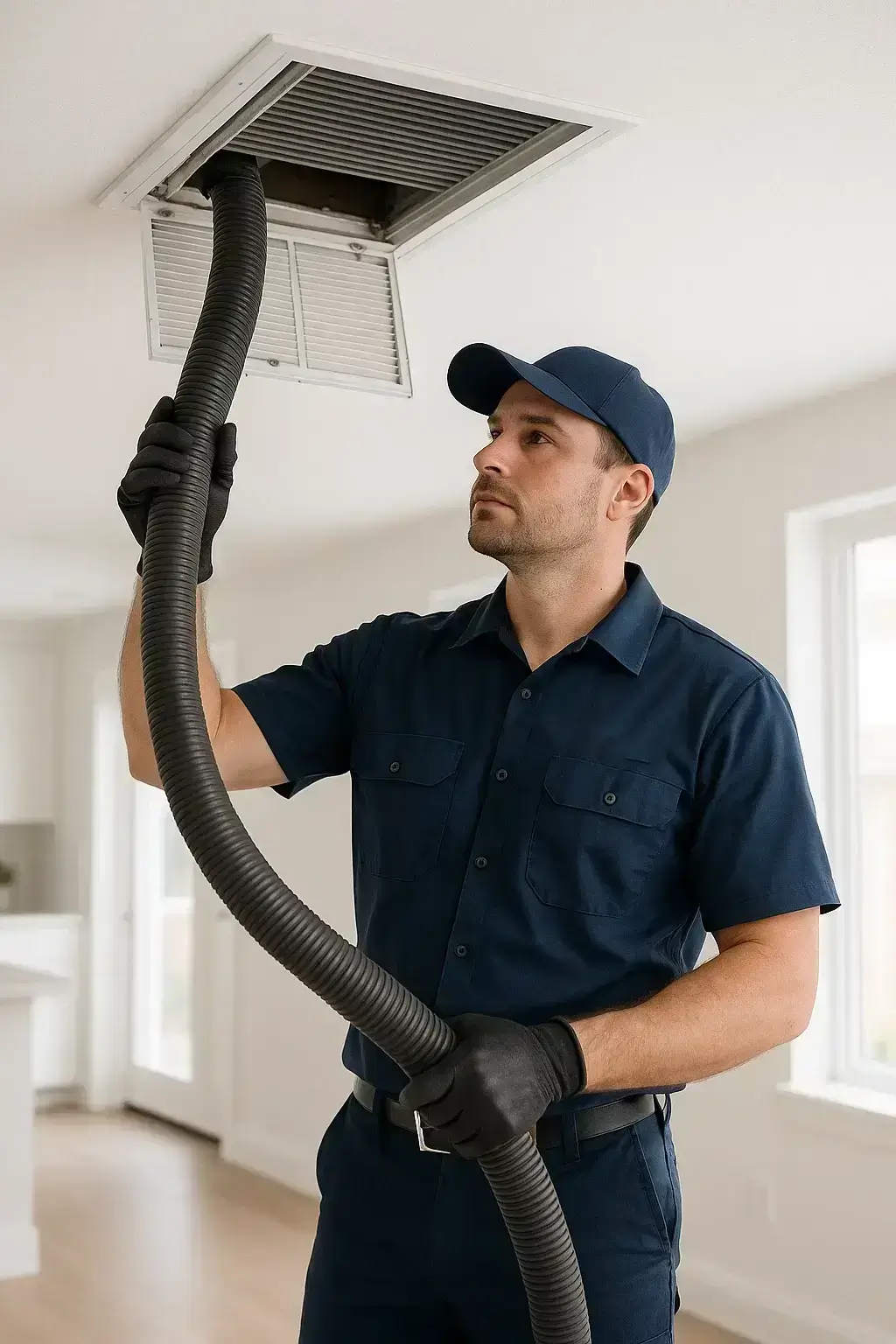 Professional Bellaire TX Air Ducts Cleaning  technician cleaning an air vent inside a bright modern home